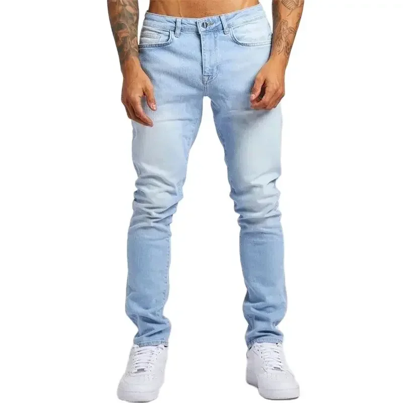 

Men Four Seasons Casual Pencil Jeans Slim Fit Mid Waist Button Denim Pants Male Vintage Washable Long Trousers Trend Streetwear