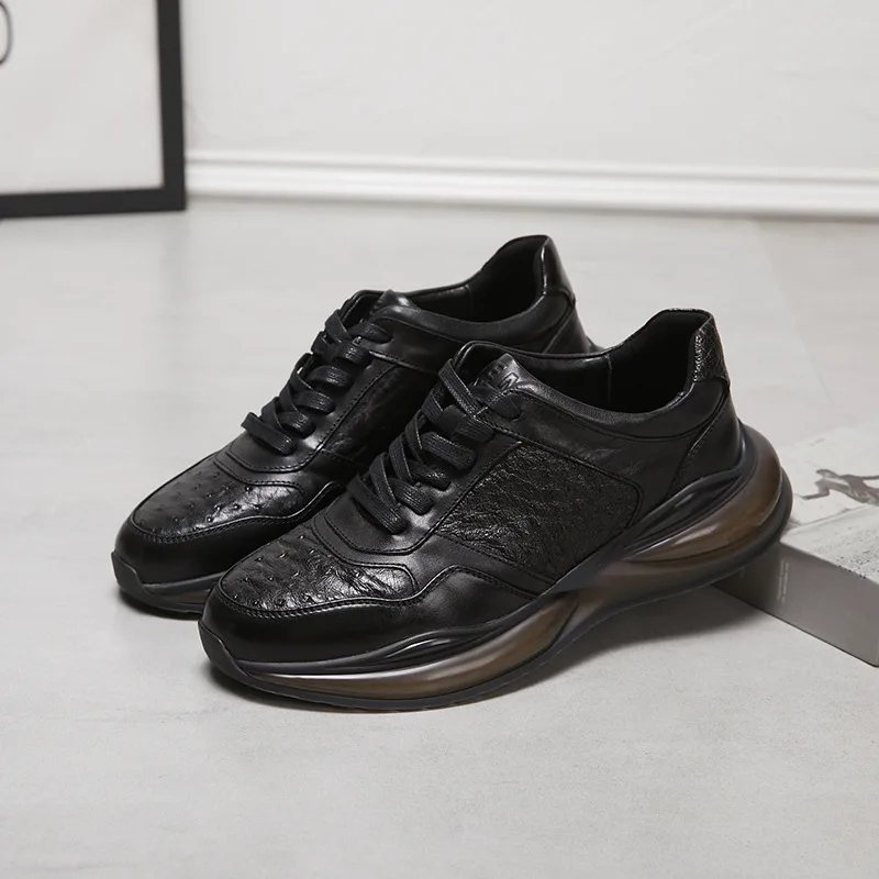 Zapatos de cuero genuino para hombre, zapatillas deportivas perforadas de lujo para caminar, zapatillas deportivas de piel de vaca de avestruz, cojín de aire para viajes al aire libre