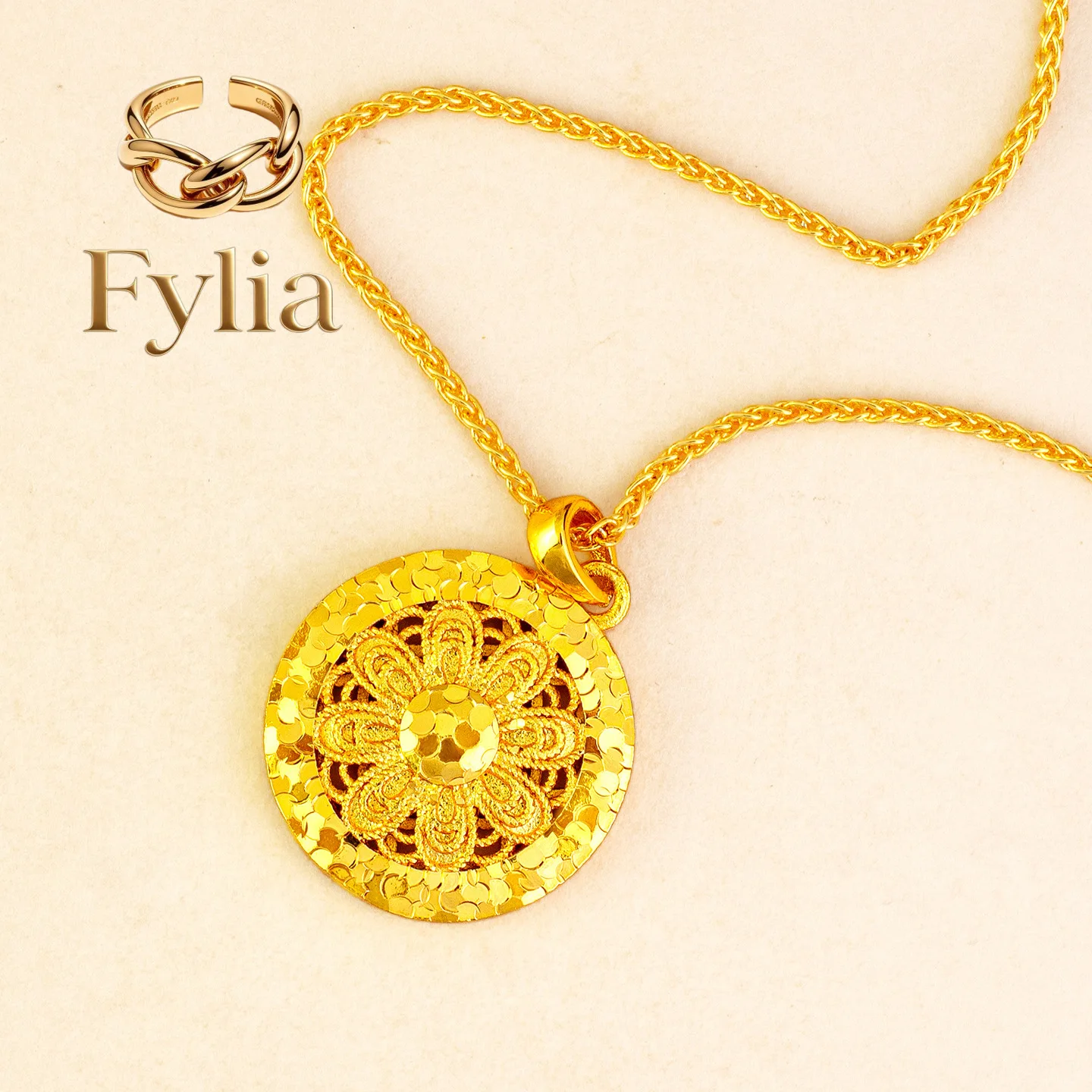 Fylia Jewelry  Gold store luxury real gold jewelry 24k au9999 certifid flashing hollow crushed ice pendant women's exquisite nec
