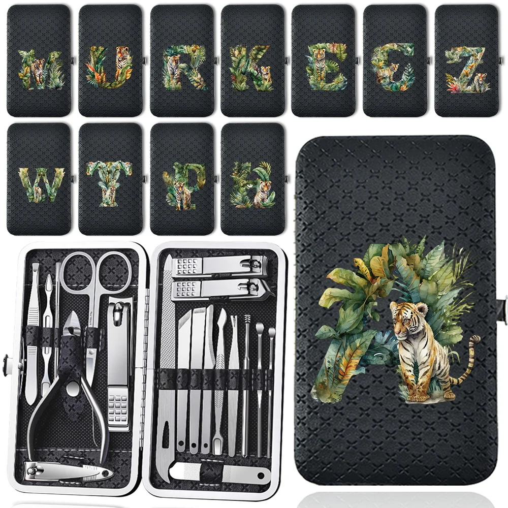 

19 Pcs Nail Clippers Set Storage Box Portable Nail Clippers Set Home Nail Trimmers Tools Kit Jungle Tiger Letter Pattern