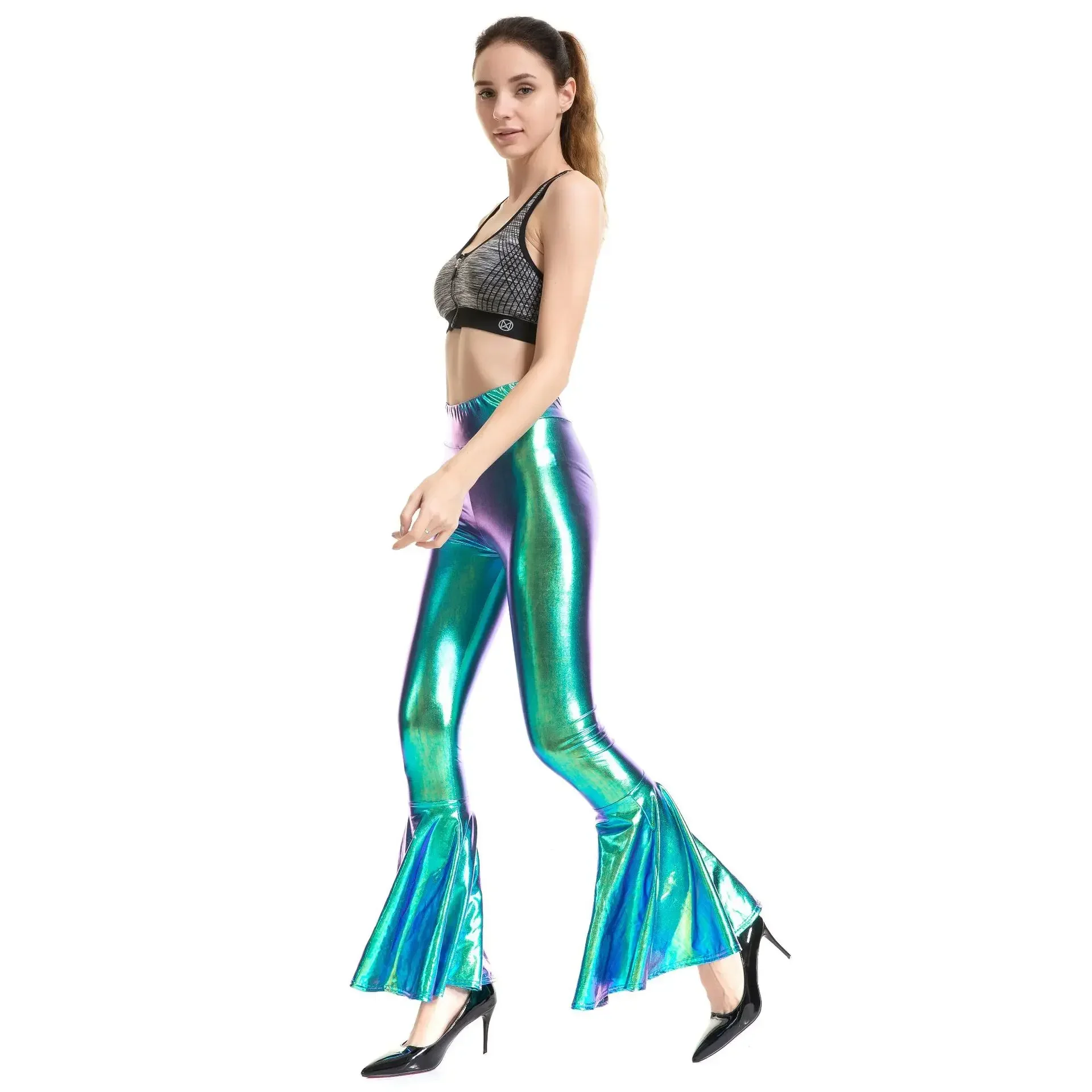 Sexy PU Leather Metallic Pants Shiny Holographic Flare Pants Women Girls Bodycon Elastic Waist Bell Bottom Trousers Clubwear