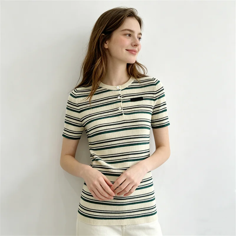 Women's Summer Round Neck Slim Fit Striped Knit Shirt, Short-Sleeve Slimming Top, Green Striped T-Shirt, Short-Sleeve Women's Clothing
