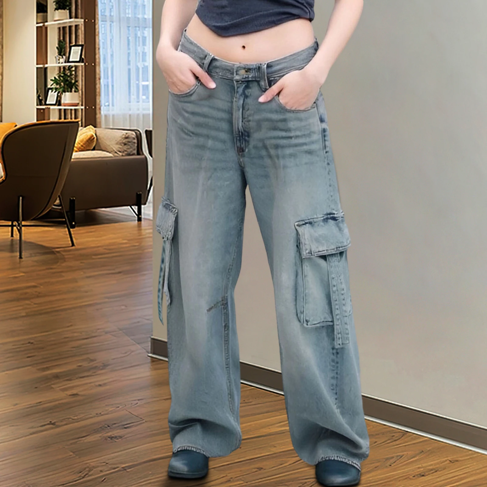 Pantalones vaqueros holgados cargo para mujer, pantalones vaqueros de talle bajo con múltiples bolsillos, pantalones largos informales para oficina al aire libre
