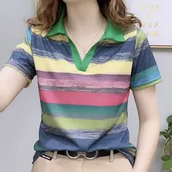 Short Sleeve T-shirt Women's 2023 Summer New Fashion Rainbow Stripe Polo Shirt Comfortable Leisure Pullover Female Clothing Tops