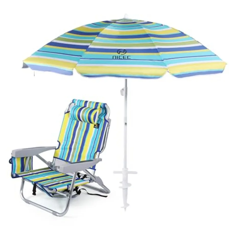 

Beach Chair with Umbrella for Outdoor Use, Polyester Fabric, Navy White Stripe, High Back Support + Built-in Cooler Cup Holder
