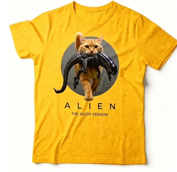 Lustiges Herren-T-Shirt mit Katzen- und Alien-Motiv, Rundhalsausschnitt, Kurzarm, hellgrau, lässiges Alltags-Oberteil – Detail 6