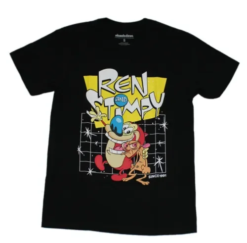 Ren and Stimpy New Adult T Shirt Hugging Under Logo on Grid long or short sleeves