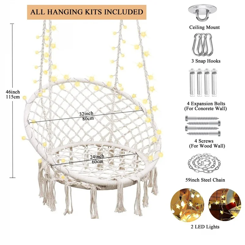 Bedroom glider hammock chair swing with lights and hardware kit, load-bearing up to 550 pounds, Halloween Christmas gift.