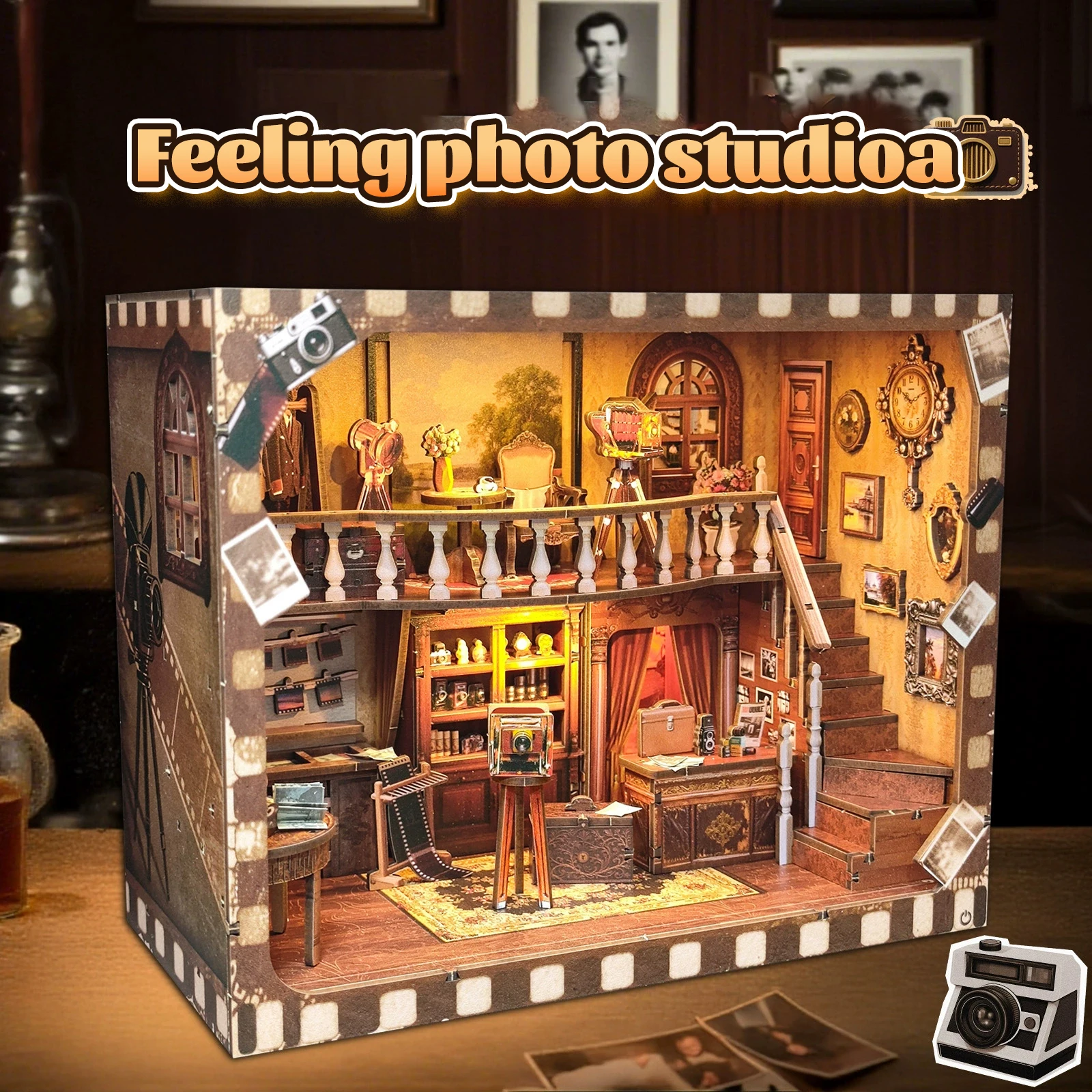 大人向け3d木製パズル-ノスタルジアフォトスタジオ-ブックヌック-ライト付き-モデルキット-ドールハウス-diy-ミニチュアハウス-誕生日プレゼント
