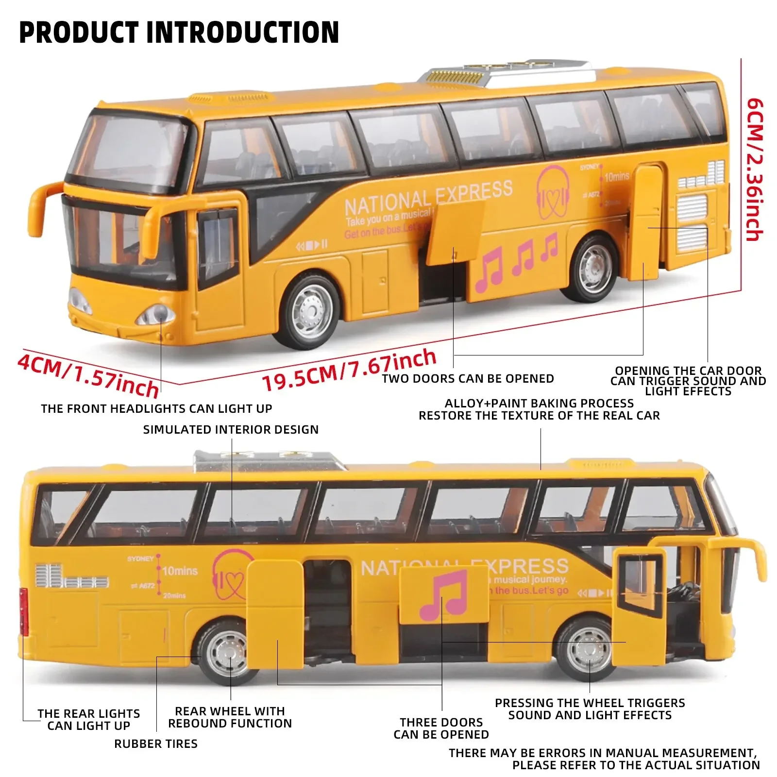 1:32 Children\'s Bus Alloy Model with Sound & Light Metal Diecast Pull Back Playtime, Learning, or Decorating Car