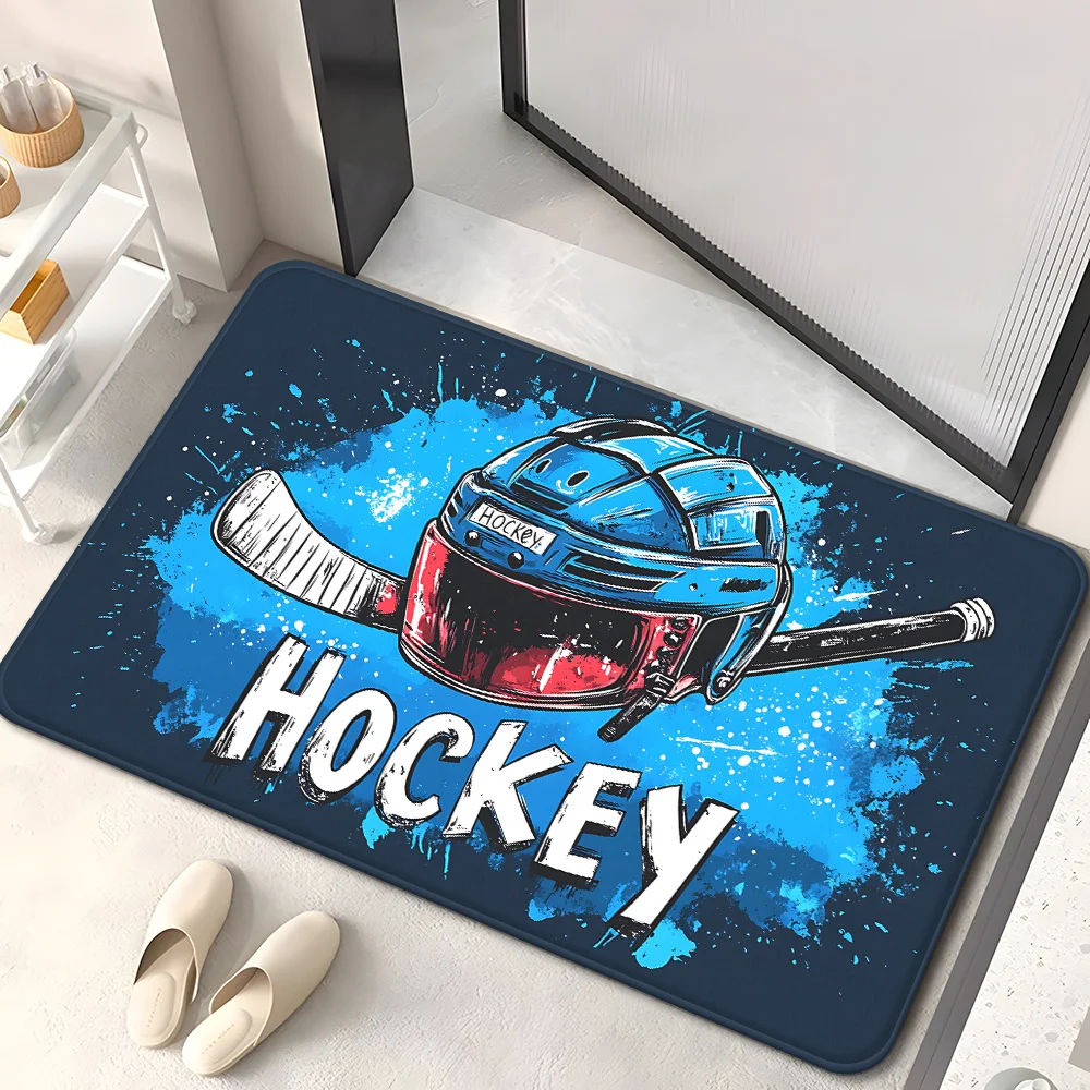 Ice Hockey Non-Slip Floor Mat with Hockey Helmet & Stick Design - Absorbent Machine Washable Polyester Mat for Bathroom, Bedro