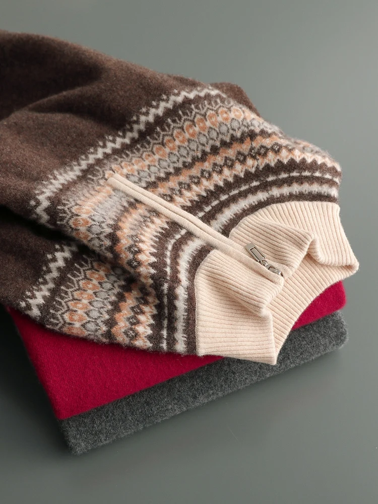 American Retro Autumn Winter Sweater Men's Clothing 100% Merino Wool Pullover Sweater Half Zip Trend Thicked Knitted Inside Join