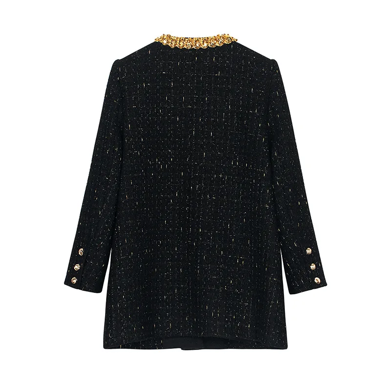 French High-quality Luxury Round Neck Beaded Small Fragrant Jacket Women Fashion Vintage Tweed Black Mid-length Lady Jacket