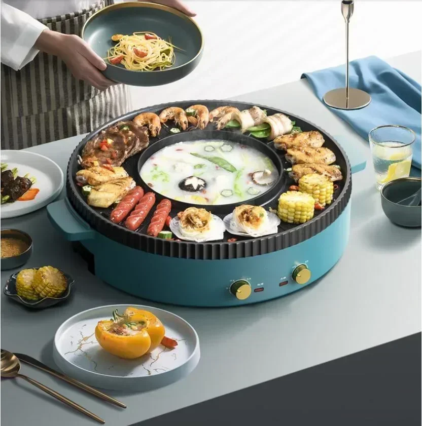 220V Electric Grill Hotpot Non-Stick Barbecue Toaster Oven 2 In 1 2 Flavor Hot Pot Multi Cooker grelhador eletrico  griddle