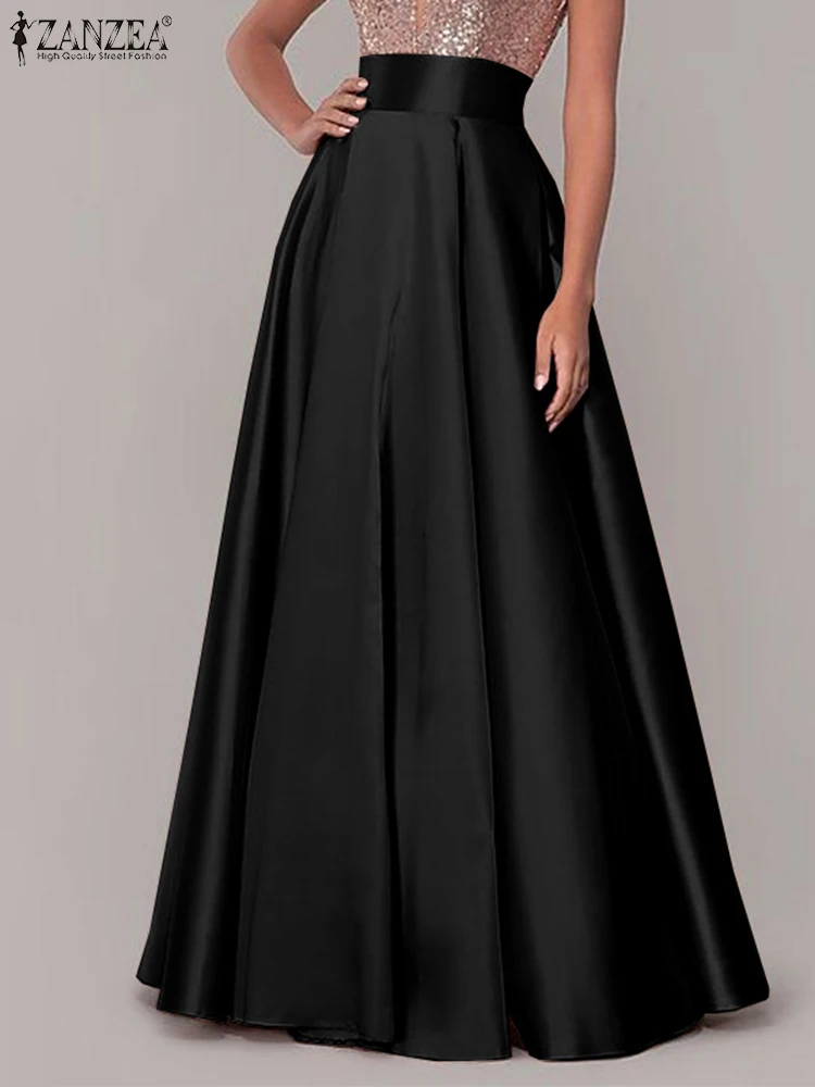 ZANZEA Stylish Summer High Waist OL Work Satin Skirt Women Female Solid Party Maxi Skirts Faldas Saia A-line Long Skirts Jupe