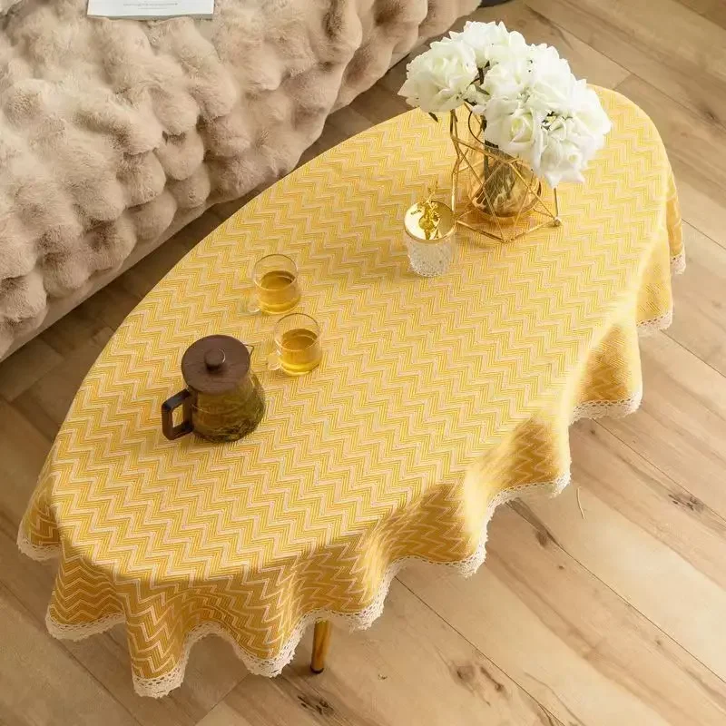 Nordic Stripe Coffee Table Tablecloth Cotton Linen Long Oval Tea Table Cloth Duck Egg-Shaped Living Room Tea Table Table Cover