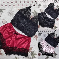 Lace V-Neck Sleeveless Cami Top and Shorts 2 Pieces Pyjama Set Women's Sleepwear Sexy Lingerie Patchwork Pajamas Loungewear
