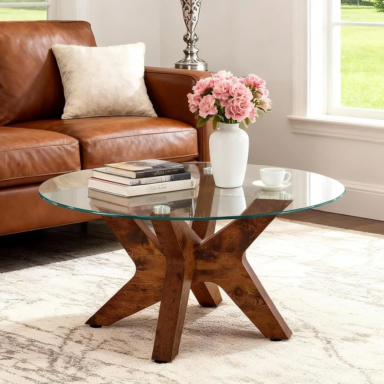 

Round Glass Coffee Table, 31.5' Modern Center Table with Tempered Glass and MDF Legs - Rustic Brown