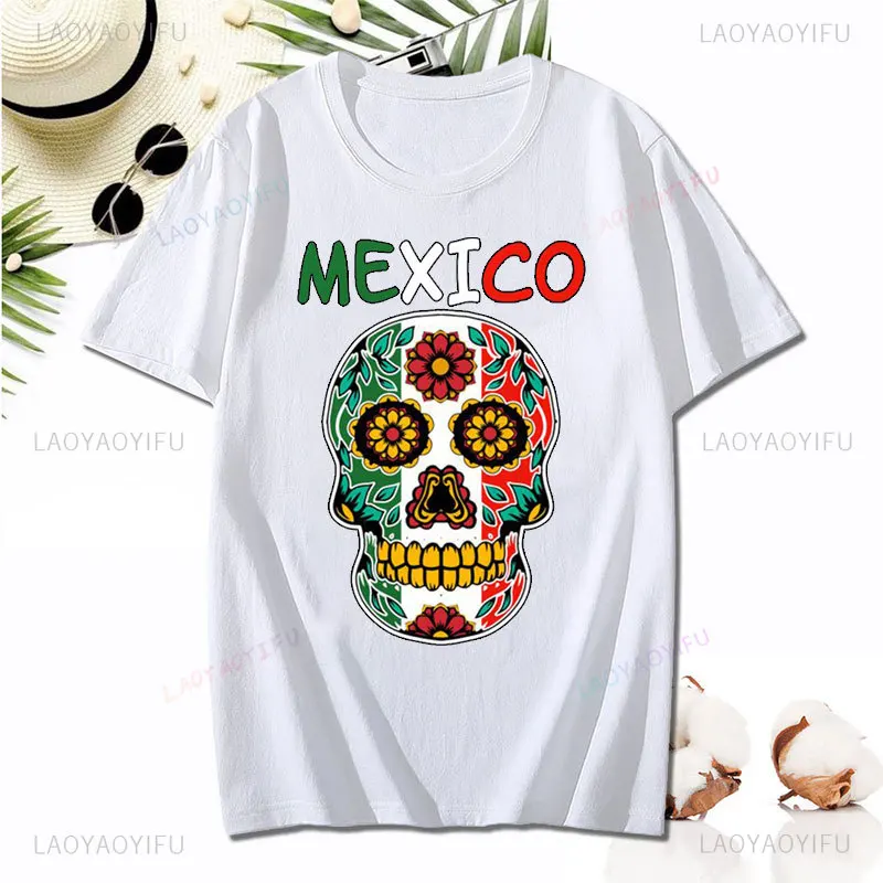 MEXICO Day of The Dead Printed Skull T-shirt Fashion Funny Holiday Party Costumes Man Women Summer Cotton Casual Short-sleev Tee