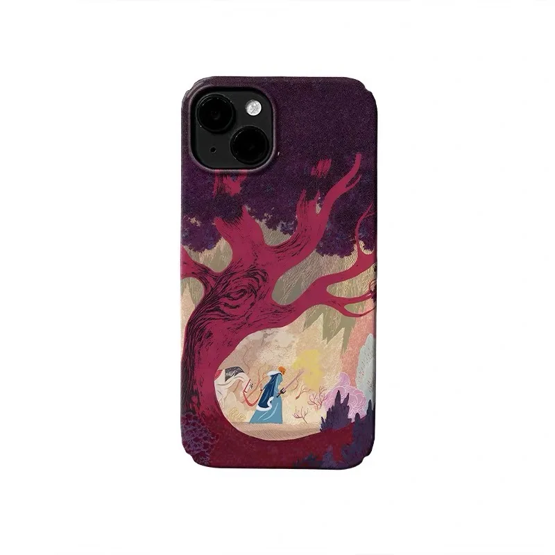 Ins Wine Red Magic Forest Illustration Case for IPhone 16 15 14 13 Pro Max 12 Mini 11 Shockproof Protective Hard Acrylic Cover