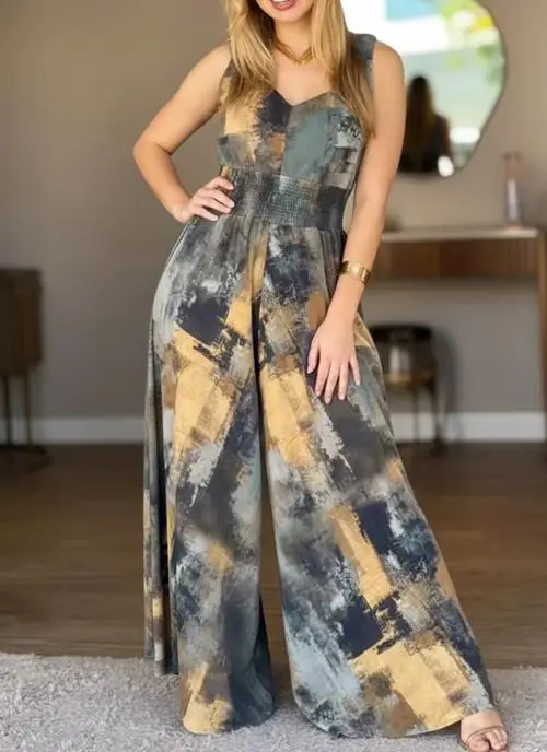 

Абстрактная картина маслом с принтом, v-образным вырезом, эластичный толстый плечевой ремень, высокая талия, открытая спина, повседневный комбинезон с завязкой на талии, широкий комбинезон