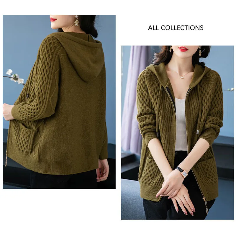 Autumn Winter Cardigan Sweater Women Jacket New 2024 Fashion Loose Hooded Casual Zipper Knitted Sweater Female Outerwear Tops