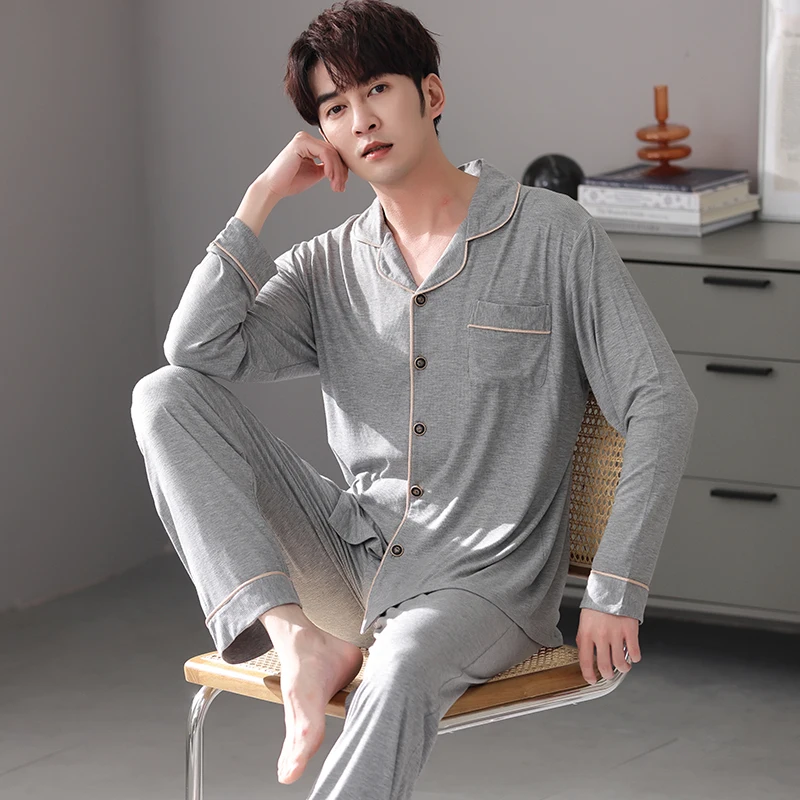 Men Nightwear Suit Autumn Solid Color Long Sleeve Pajamas For Lovers Cardigan Homewear Men Big Yards 3XL Modal Pijamas Mujer