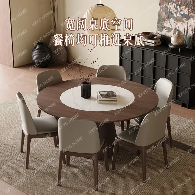 JSolid wood round dining table black walnut inlaid rock slab turntable household round table large apartment white wood