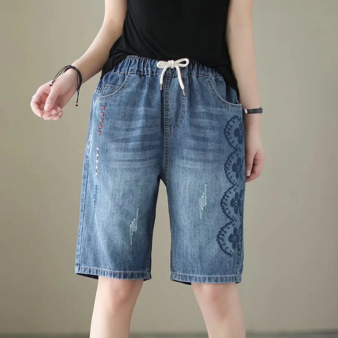 

Женские джинсы с высокой талией, вышивкой и прорезями, на резинке, свободного кроя, больших размеров, летние, прямые, из хлопкового денима