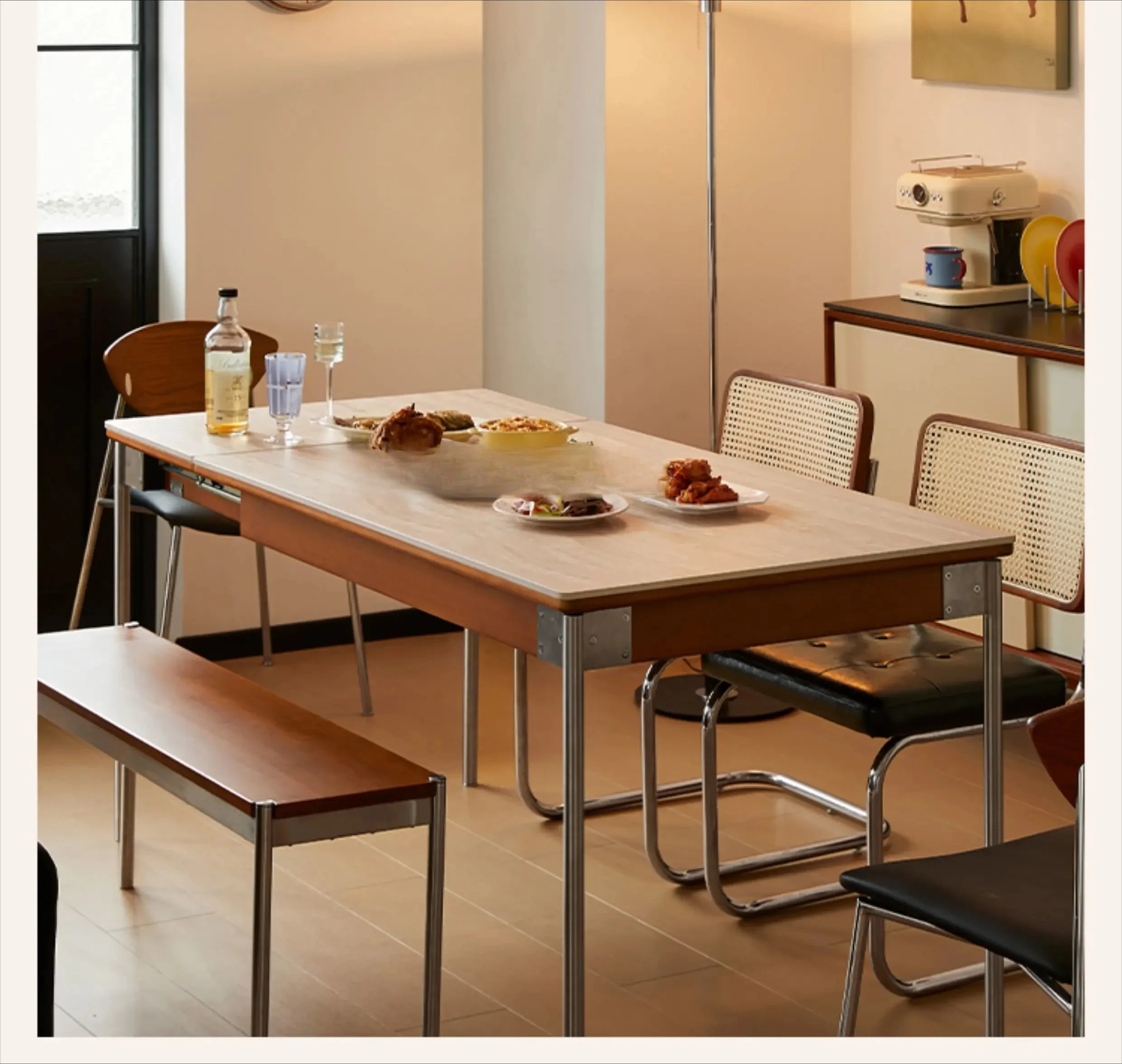 WSSlate Folding Dining Table Vintage Style Extendable Small Apartment Home Use Travertine Table Dining Chairs