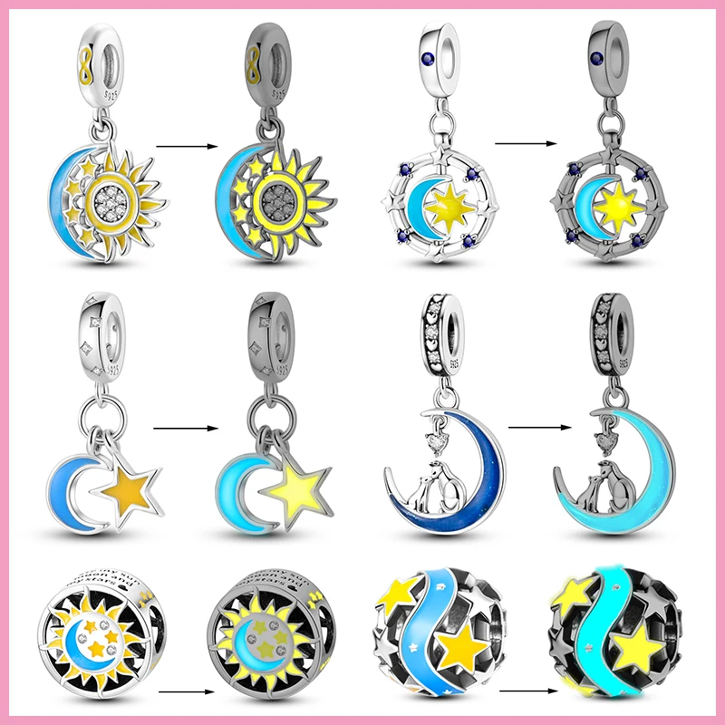 

2023 New in Glow Star Moon Charm Beads Fits Pandach Original Bracelet Women 925 Silver Pendant Bead DIY Jewelry Luxury Gift Hot