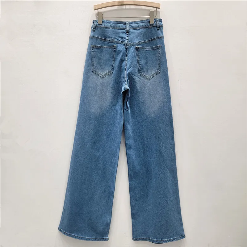 ANJY 2025 Autumn Winter New Women European Trendy Studded Diamonds Elegant Temperament Straight Jeans Chic Casual Stretch A15511
