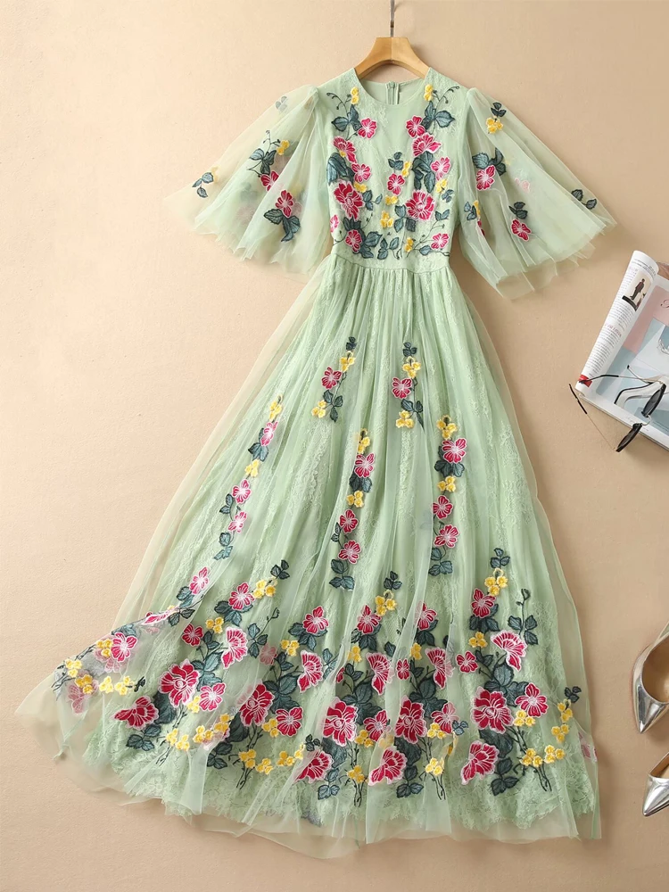 SEQINYY Elegant Midi Dress Summer Spring New Fashion Design Women Runway High Street Vintage Embroidery Flower Green Mesh A-Line