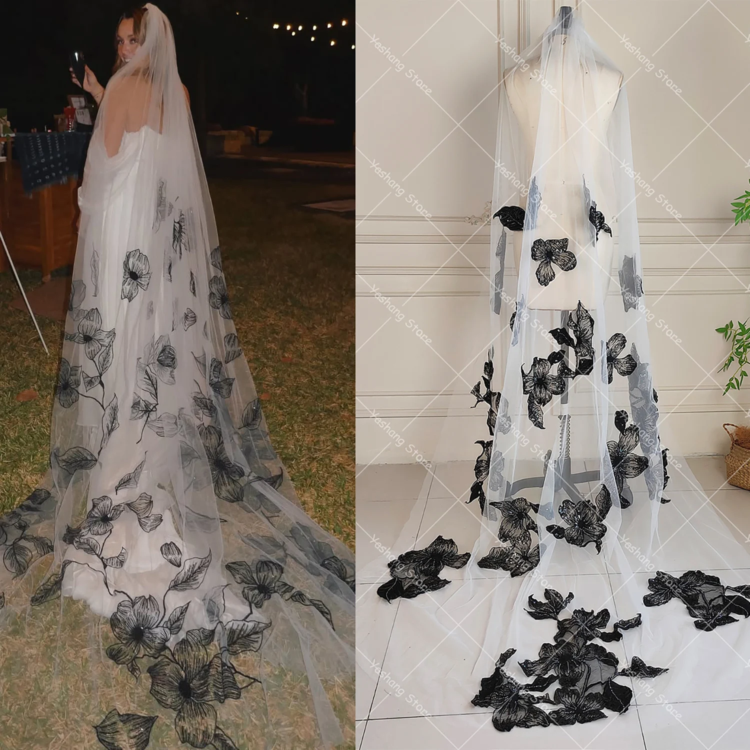 Black White Embroidered Lace Bridal Veils With Comb One Tier Tulle Round Shape Customized Chapel Long Wedding Veil