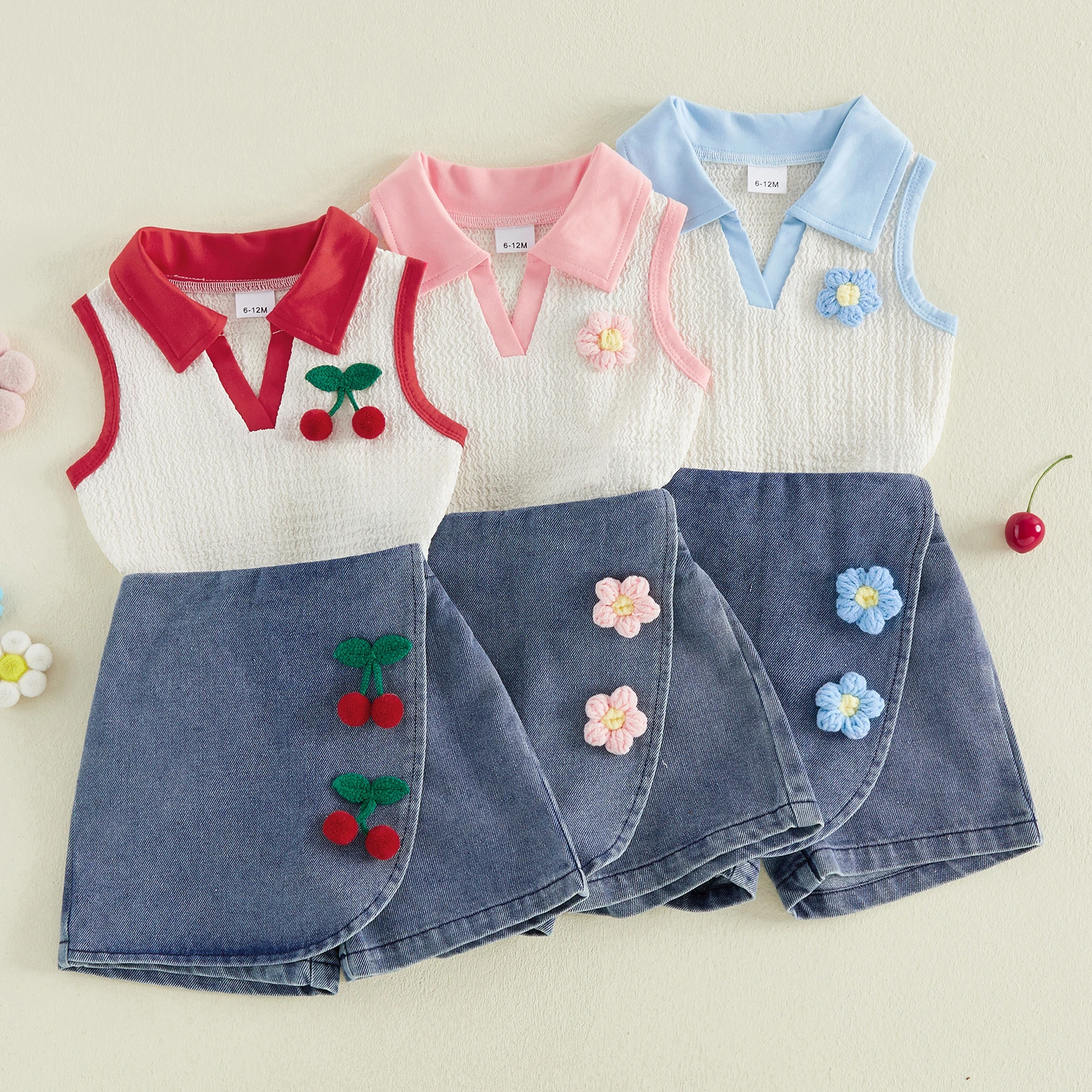 1-5Y Toddler Girls Summer 2 Piece Outfits Cherry Decor Lapel V-Neck Tank Tops Denim Skorts Set Children's Sets