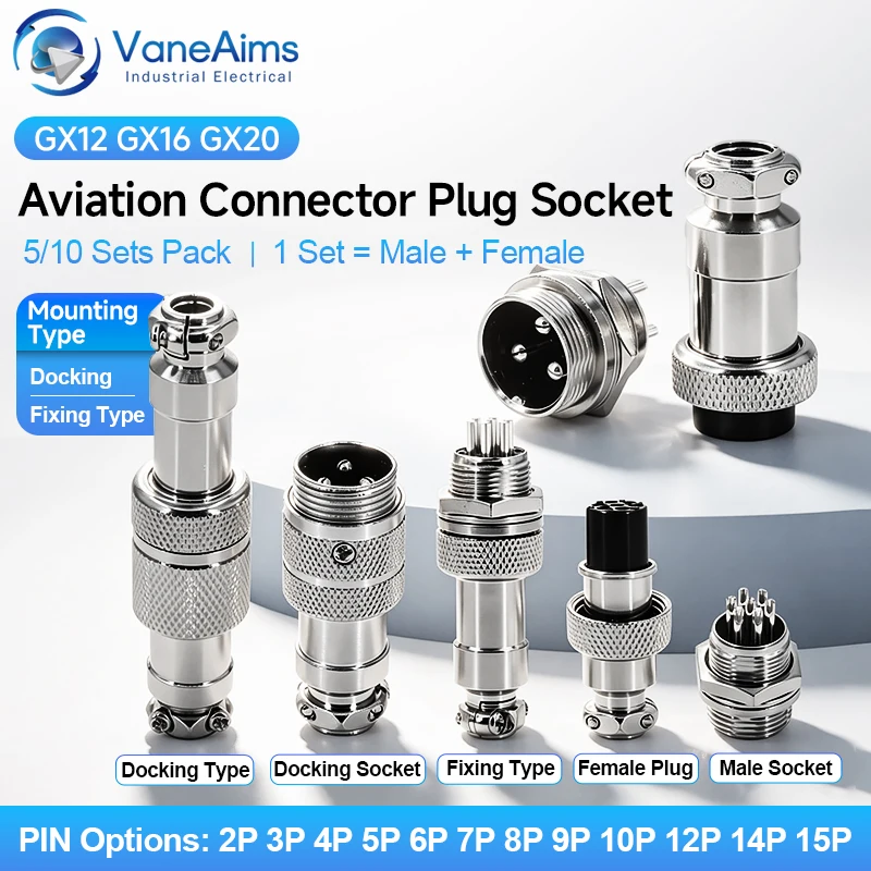 5/10Set GX12 GX16 GX20 Aviation Connector 2 3 4 5 6 7 8 9 10 12 14 15 Pin Docking Fixing Circular Metal Male Female Plug Socket