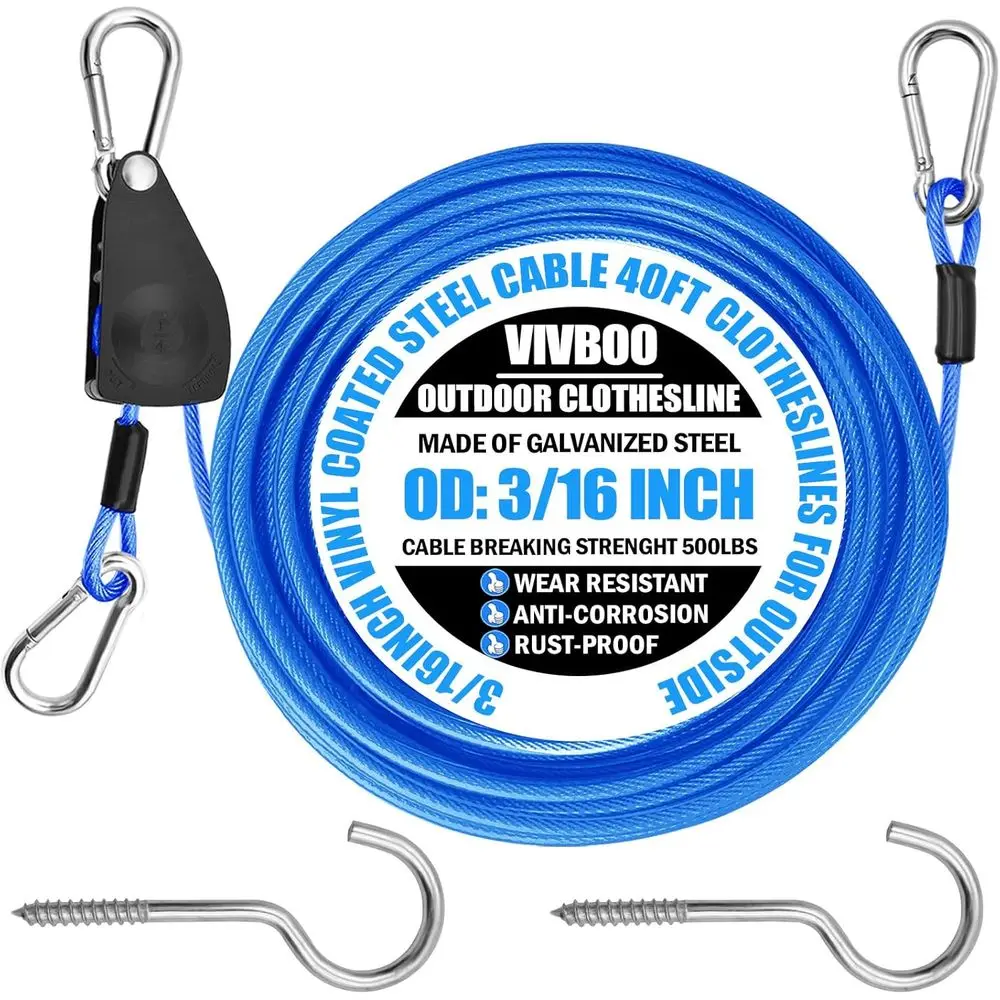 Heavy-Duty 40ft Outdoor Clothesline with Blue PVC Coating, Metal Hooks, and Retractor for Drying Clothes, Ideal for Camping, Bac