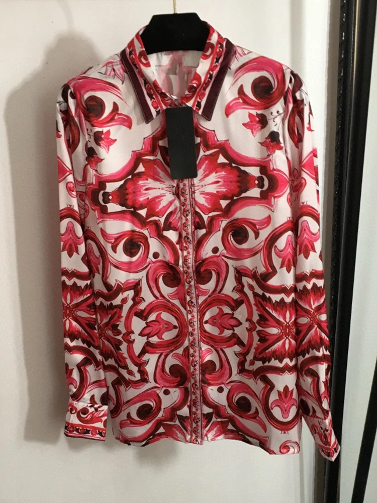Retro lapel long-sleeved printed shirt spring new fashion women's suit+elastic waist big swing fluffy skirt elegant two-piece su view 3