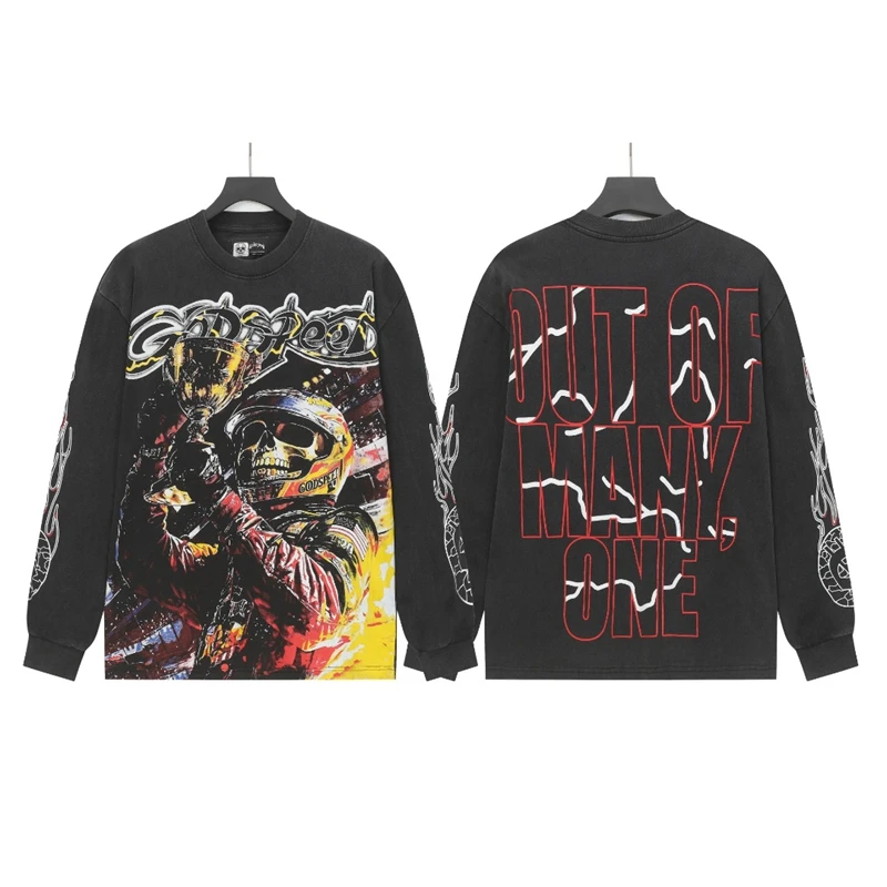 

Мужская длинная футболка с буквенным принтом в стиле ретро Godspeed American Godspeed Skeleton, осень-зима, модная свободная посадка, круглый хлопок