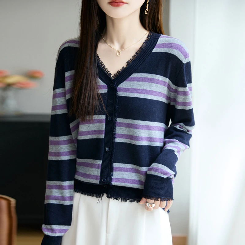 

Women Striped Cashmere cardigan Sweaters Women Autumn and Winter Casual Single Breasted Cashmere cardigan Women