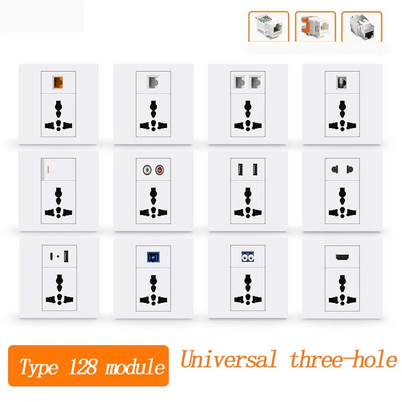 Universal 86-Type Combination Switch Socket with 3-Hole 128-Type HDMI USB Type-C Fiber Optic Category 5/6/7 Modules