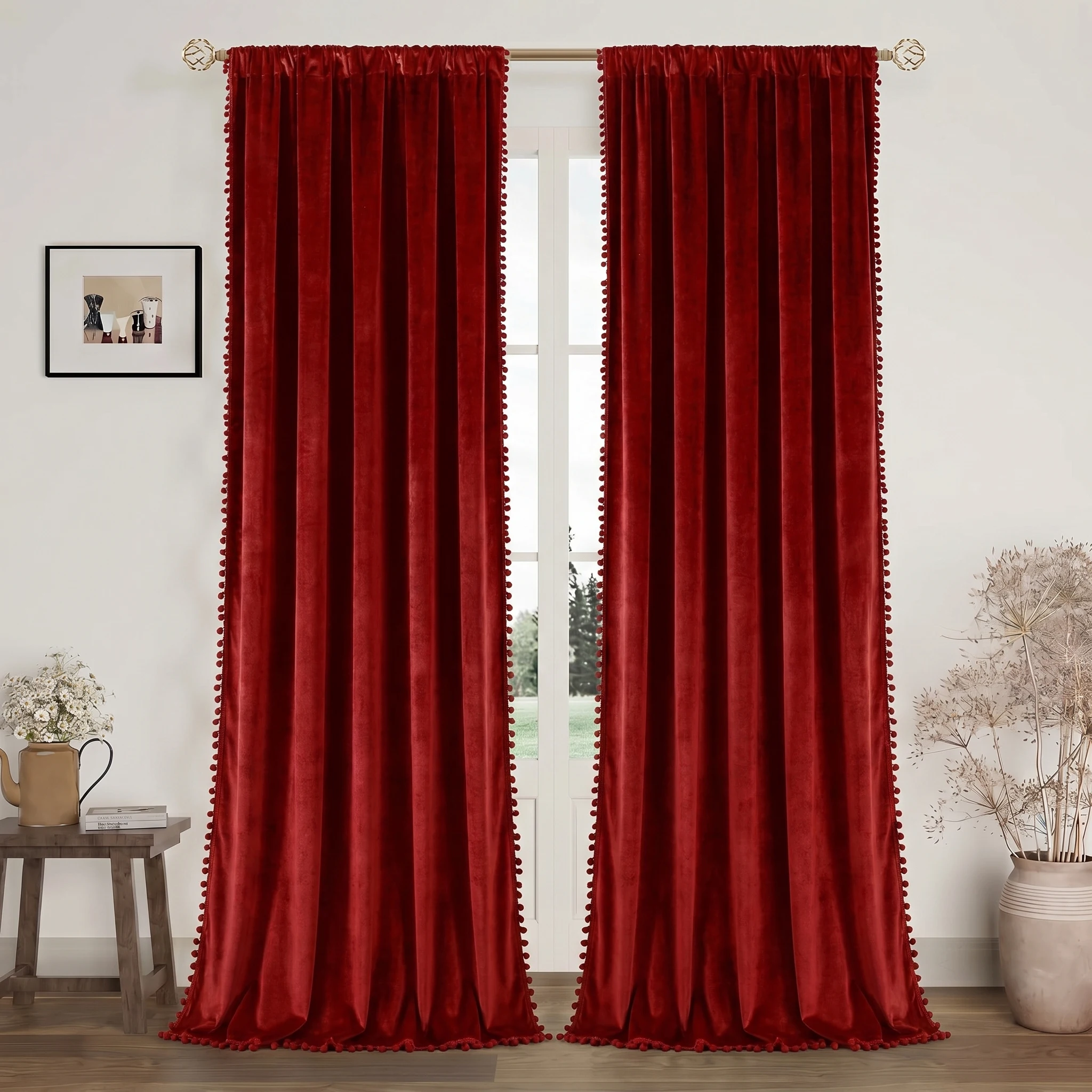 1 Piece, Available in Multiple Colors: White / Navy Blue / Orange / Emerald Green / Brown / Red. Fashionable and Luxurious Velvet Curtain with Pom-Pom Fringe, Rod-Top Design, Soft and Thick, Drapes Smoothly, Soundproof and Heat-Insulating, Protects Privacy. Made of Polyester, Washable, Suitable for All Seasons, Suitable for Kitchen, Bedroom, Living Room, Office. Does Not Include Ropes and Accessories view 6