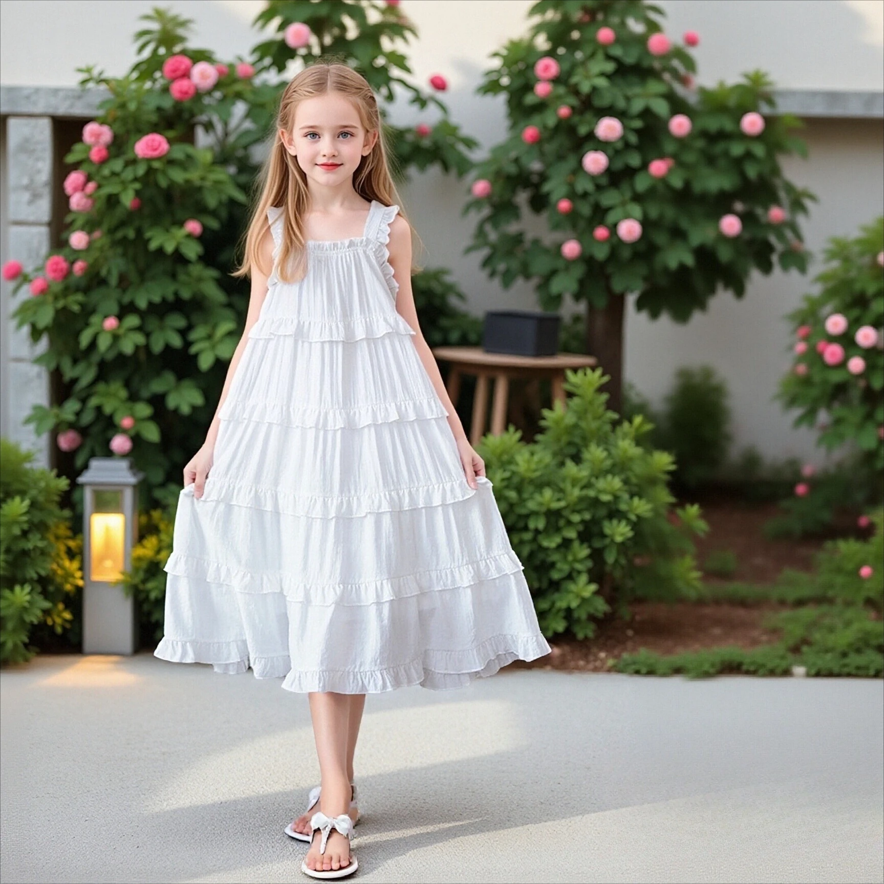 

Girls Tiered Cami Dress Square Neck Ruffle Strap A-Line Dress for Kids Summer Casual Vacation Wear White Elegant Daily Outfit