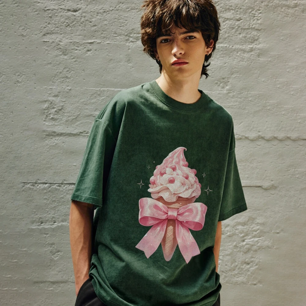 

Graphic T-Shirt Ice Cream Bow Tee All - Cotton, High - Quality Oversize Green Tee. Pink Bow Ice Cream Print, Sweet Y2K Trend