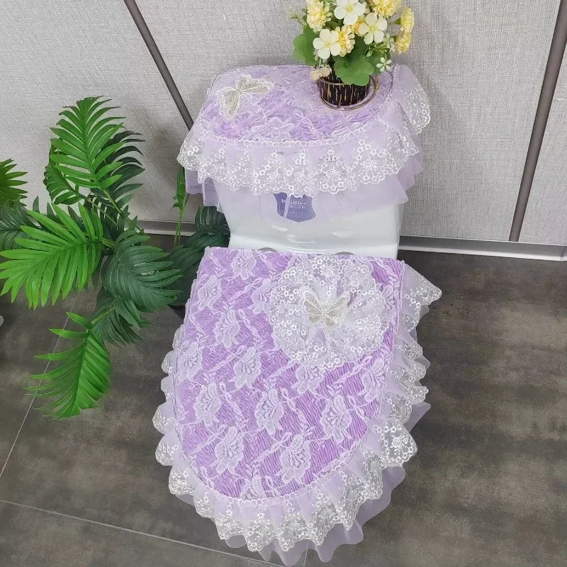 

Lace Butterfly Embroidered Closestool Seat Cushion Purple Toilet Three Piece Set Zipper Style Anti Slip Dustproof Toilet Cover