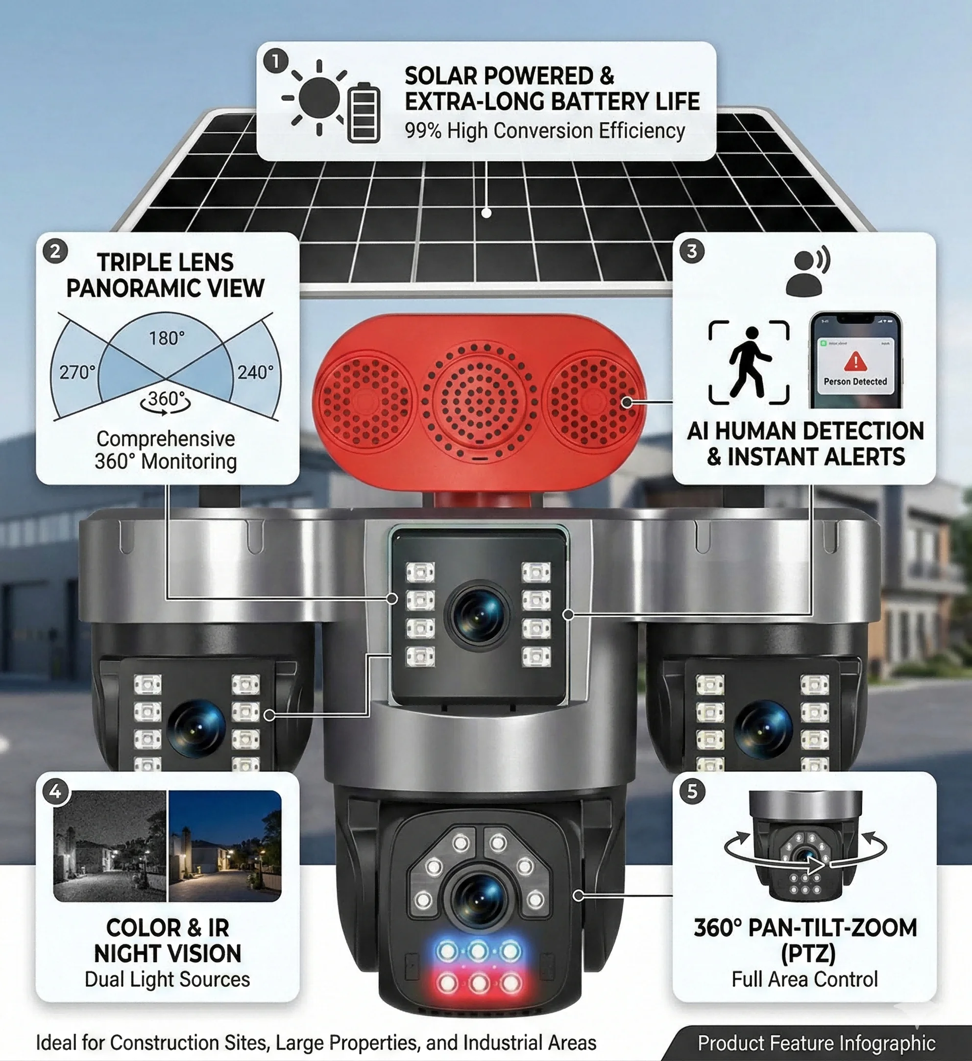 Cámara de Seguridad con Baterías de 12000 mAh, Panel Solar Grande de 8 W, Aplicación Hi Easy, 12 MP, AOV, 3 Lentes, Solar, Tarjeta SIM 4G, PTZ