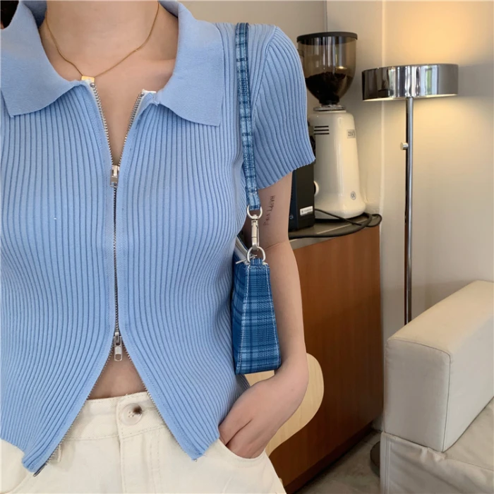 Elegant Ice Silk Knitted Zipper Slim Fit T-Shirt Thin Summer New Arrival Women's Fashion Guangzhou Thirteenth Factory Outlet