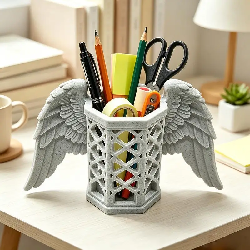 Minimalist Angel Wing Desktop Organizer Hollow Pen Makeup Brush Holder for Home Office Desk Bedroom Vanity