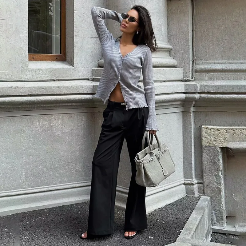 Tuularose المرأة سترة متماسكة موضة أنيقة الخامس الرقبة المرقعة سترة جديدة الصلبة الشارع الشهير ركاب الأساسية الإناث سترة متماسكة #6