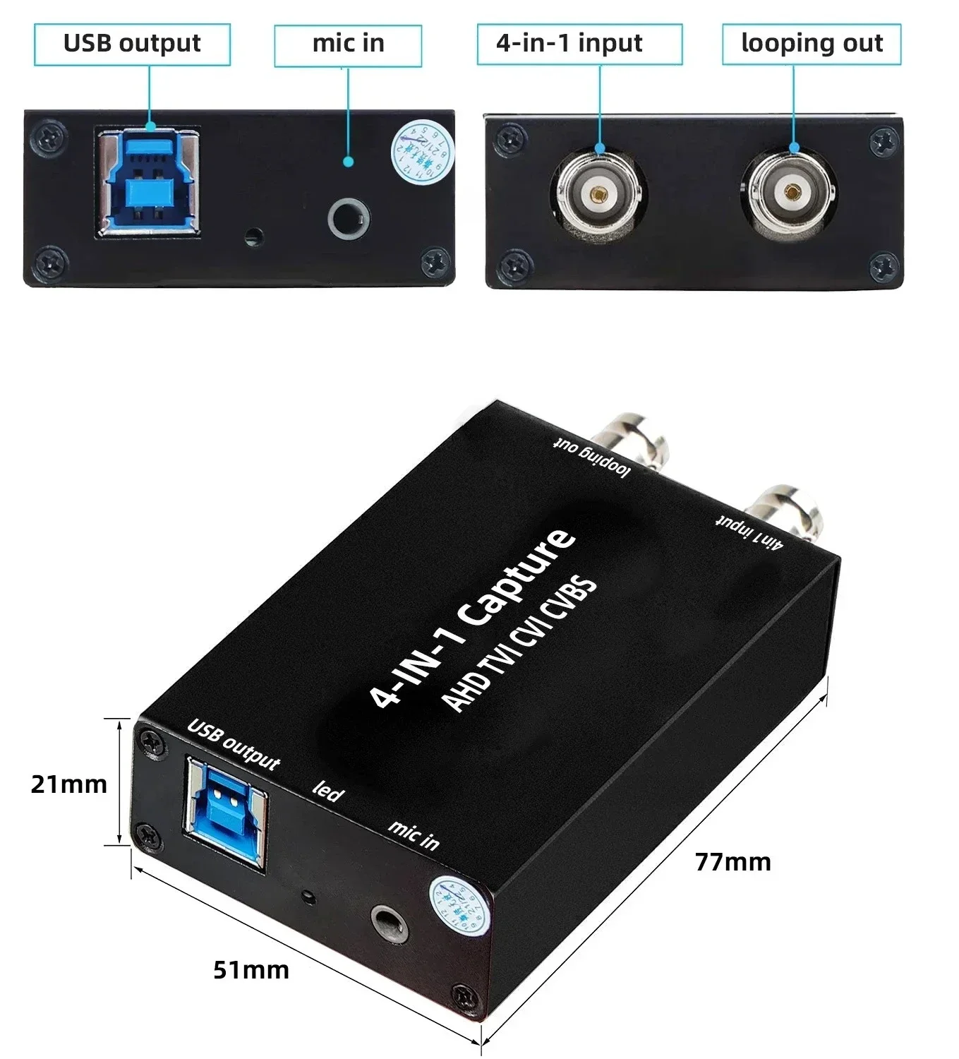 4-in-1 AHD TVI CVI CVBS to USB Output to Computer Plug and Play capture video audio capture for OBS potplayer collects record